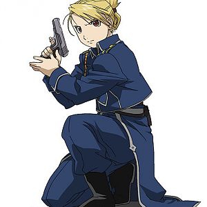 Lieutenant Riza Hawkeye.
Don't know why, she's always behind Colonel Roy Mustang...