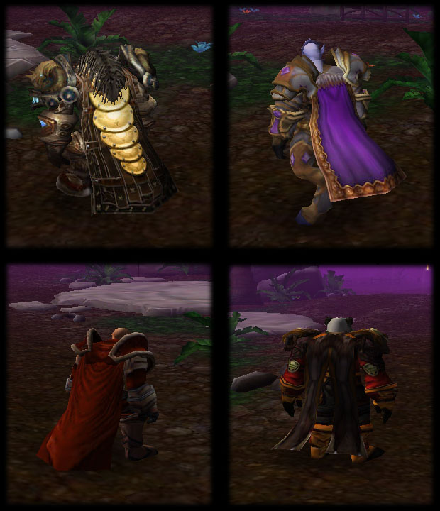 Added Cloak:
- Tauren Warrior
- Draenei Paladin
- Dwarf Warrior
- Pandaren Monk (Shared texture with his shoulder)