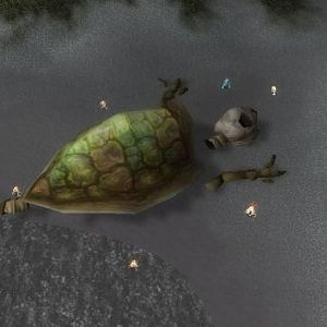A Beached sea turtle on the shore of Darkshore. Surrounded by Mur'guls which have consumed the flesh of the creature and occasionally will use the she