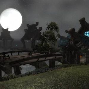 Auberdine, Darkshore. The full moon shines on the docks and hippogriffs of the Alliance territory.