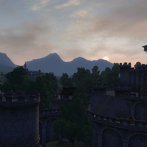 A view of the castle at dawn.