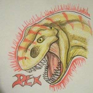 rexconbadge, A rex..raptor..err...hybrid...yeah.. Made with watercolour pencils.
