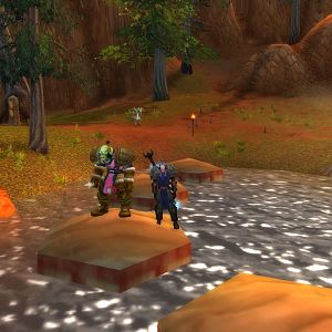 So im standing here about to get wet in the water with my orc friend wearing a PINK tabard...