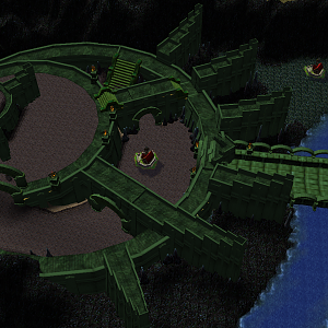 Minas Morgul Overview: A two tiered citadel surrounded by cliffs and a river.