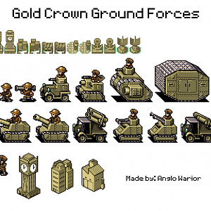 These are the ground units for a custom Advance Wars Army I created called Gold Crown. Based off of mainly WWI and WWII Britain, with modern tech tidb