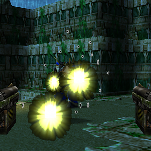 First Person WC3 Shooter Screenshot Mockup - Fighting an Armed (Alien) Trooper in the Temple