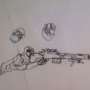 "The Sergeant", various head designs.
Seen here with the Sniper rifle from Starcraft: Ghost, instead of the Canister rifle.