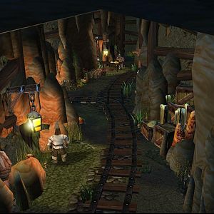 1st mine, low level mobs, through it is a bandit camp/village.