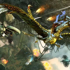 An ikran flying away from human airships