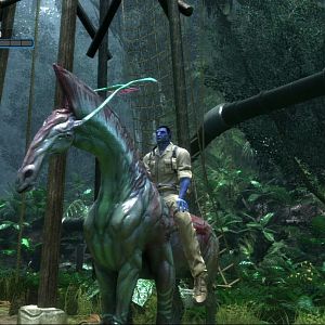 An Avatar riding a Direhorse (basically a six-legged pandorian horse)