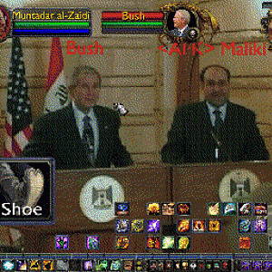 Parody of that muslim dude that threw his shoes at George W. Bush.  The WoW interface and the floating text makes this epic.