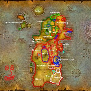 My idea how Kalimdor is in DP:

Red: Trolmanian Empire controlled zones.

Dark Red: Al'ars Undead Legion, Scourge Remnants and... Arthas' hideout!