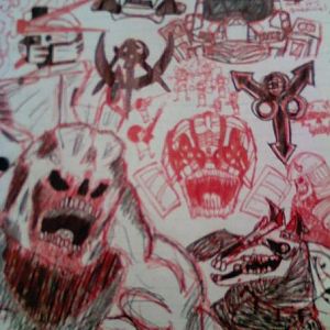 collage in red and black ink