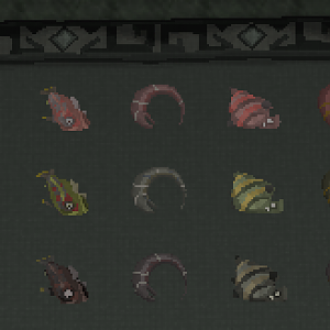 Dungeoneering Food: (Left to right)

Heim Crab, Red Eye, Dusk Eel, Giant Flatfish, Short Finned Eel

Top row: Cooked
Mid row: Raw
Bottom Row: Bu