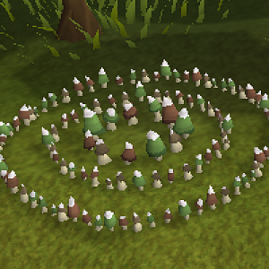 A bunch of mushrooms formed to make a "fairy ring", even the little mushrooms have shadows. You won't be hippin' on these because you can't.