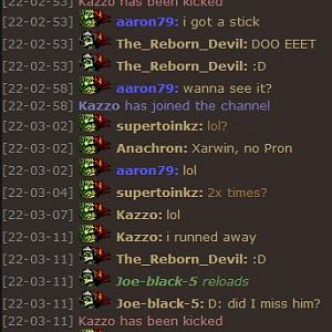 There is two things.

1.Kazzo got kicked two times on the same time.

2.Kazzo got kicked then a message (":3")  appeared from him.
