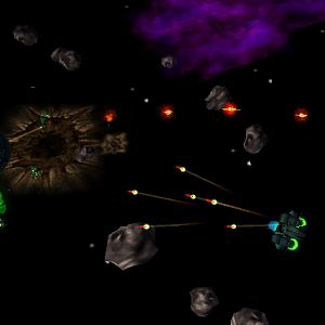 A display of weapon system features in Solar Conquest. 

Bottom right ship: The Aegis has quick attacks, then some cooldown before sending another b