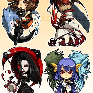 chibi (lil', cuter) version of some characters from Guilty Gear (that girl with anchor - May, that man with huge sword - Sol Badguy in Holy Knight ver