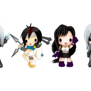 chibi version of charcters from FF7 (from left to right - Loz Kadaj, Yuffie, Tifa, Yazoo and Sephiroth)