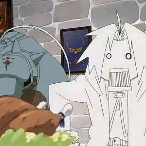 (that living armor) Alphonse and (white man) Ed from Full MEtal Alchemist xDD love Edwrad's face