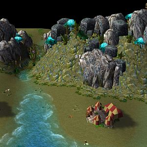 A cliff in the first chapter. It has a stream, connecting to a river and an ocean, crossing it.