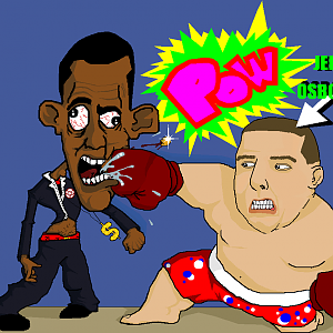 "Portrait of Jeremy Osbourne knocking our failure of a president Obama out like a champ. Obama has Nazi/Communist boxers, a pentagram on his suit, som