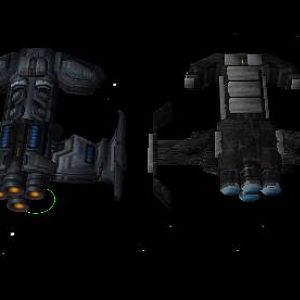 The new model is to the left and is was implemented in 0.75

The pre 0.75 version battlecruiser is to the right