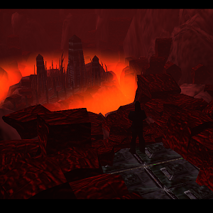 Read this one Second.

As he opened his eyes he was standing upon a cliff overlooking a temple or monolith this temple was surrounding by lava and r