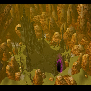 Note: They are in Karhdum.

They soon enter a world covered in sand and dust it is a desert  covered world they see large rocks and they notice a la