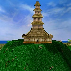 The Temple in the Mountain. The Founder, Hiroshi Nagato, is buried below it. Also works as the Town Hall.