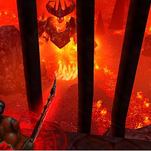 Replaced the red water with lava (thanks to this tutorial for good looking lava in WE). I also added smaller cage walls so the player does not see any