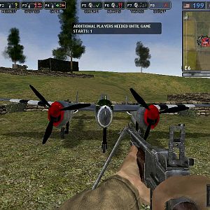 Front view of the P-38. I accidentally crashed the other one few minutes ago, but anyways...

~Took from Battlegroup 42, a mod for Battlefield 1942