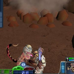 I'm about to slice this guy's head off, and hes staring at a pile of steaming rocks?