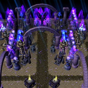 A view of Inner Exodar, with portals to Shattrah City on the Right, and a portal to Azuremyst Isle on the Left. The buildings and doodads are not impo