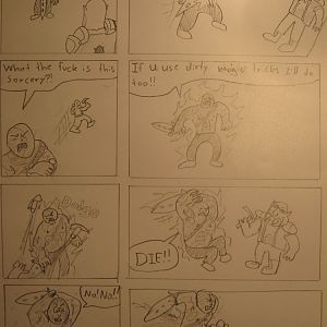 The Arena RP: Am vs Rakol

What is happening in this comic:
Pic 1 - Am and Rakol arrives in arena.
Pic 2 - Am throws a pickaxe at Rakol, but Rakol