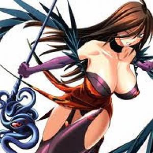 Nyx, a character from the anime series Queen's Blade.  She fights mainly using fire spells.  Weapon of choice:  a scepter-like demon named Fukinara.