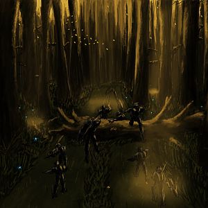 ENC unit in forest - Concept art of European Navy Corporation soldiers in a forest on a scout mission.
