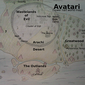 Avataria Lower half World Map

It is based on the posts from #1 & #2, and most of it can be changed heavily (additions to the continent as well as t
