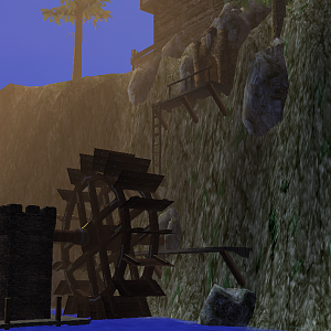 The waterwheel powers the blacksmith's forges