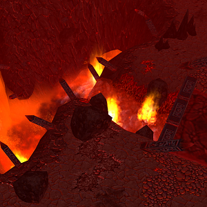 A fiery pit with a lava flow spilling into it.