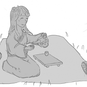 Bernkastel is doing normal stuff.
The teapot is David, and Bernkastel really likes him, but not in a human way, she only drinks tea really often.