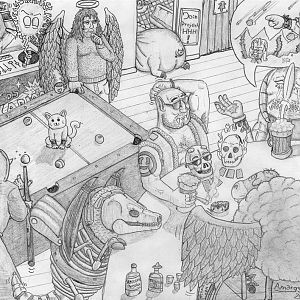 At Gyro's Final

List of characters included in the drawing
*Alagremm, the cultist playing pool.
*Am'ar Gaardos (Amargaard), the orc in the bar.