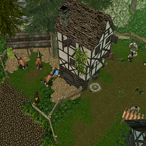 A picture of the mining village near the Forest's edge. There is a stable here to allow for fast traveling.
