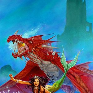 An aqua dragon swiming with a mairmaid