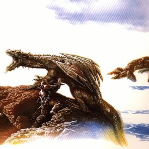 An brawn dragon that is beeing cut by a sword
