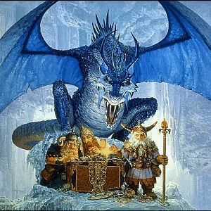 An ice dragon with some dwarfs guarding a tresure