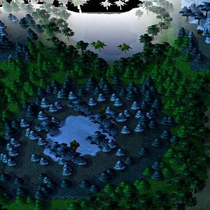 Terrain screenshot of some of the randomly generated terrain of my map Infection. The white fog and the far-Z clipping in the top of the picture does