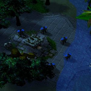 Screenshot showing how humans start, and their 'blight' beneath them. The blight grows when new buildings are placed.