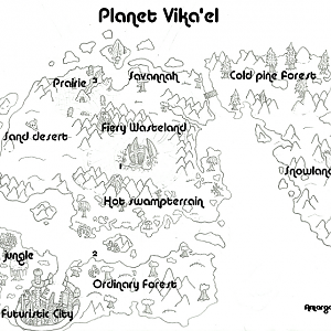 Planet Vika'el:
For the roleplay, where we need a world map. I took the freedom of making one, naming the planet in honor of vKael, but leaving names