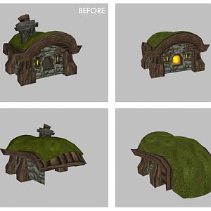An example of what I meant by "Poly Reduction and Mesh Editing"
Cottage Poly Reduction:
- 166kb mesh size into 80kb
- 14 texture usage into 4 textu